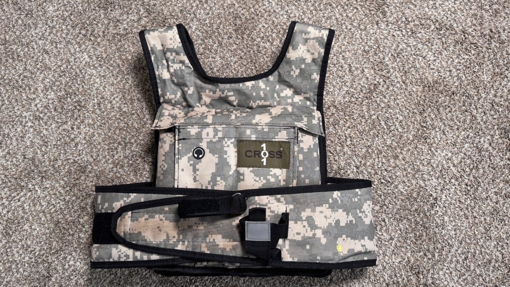 cross101 20 lb. adjustable camouflage weighted vest strapped up